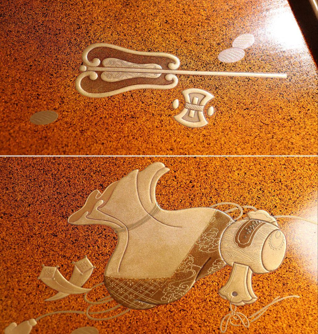 M486 輪島塗 八重門彦助 梅鉢家紋 蔦 宝尽くし金蒔絵 黒塗五段重 梨子地