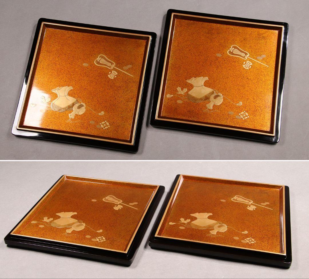 M486 輪島塗 八重門彦助 梅鉢家紋 蔦 宝尽くし金蒔絵 黒塗五段重 梨子地