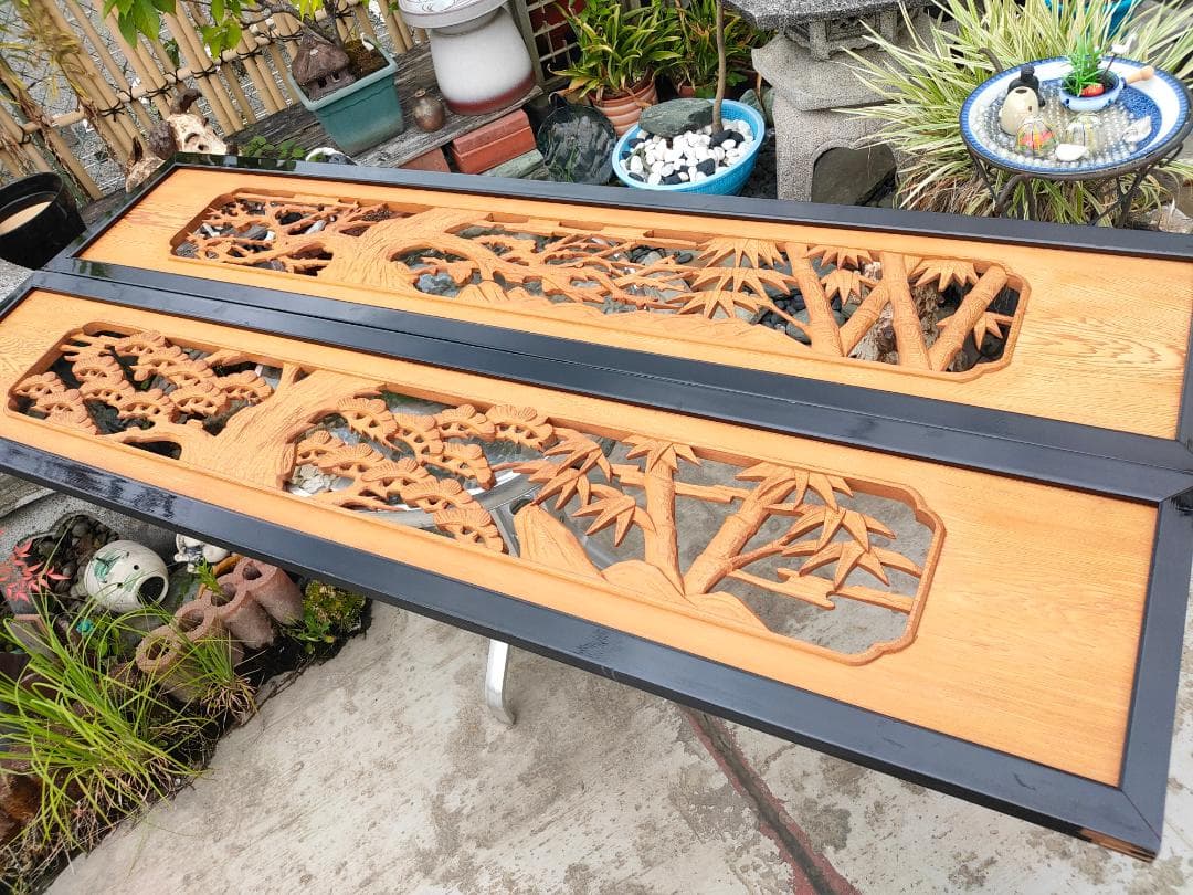 《引取り限定》高級欄間☆松竹梅☆透かし彫り工芸1845x30x380☆木彫り彫刻