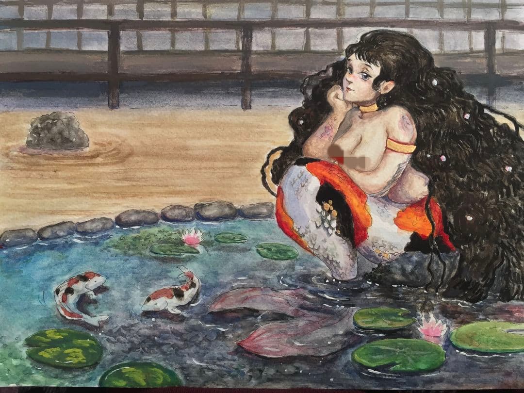 『人魚』ガッシュ　水彩画　原画　オリジナル　手描き　一点物