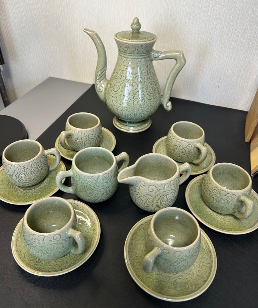 未使用保管品青磁タイセラドン焼きセット　旧家蔵出し、掘出し物、お茶、コーヒー