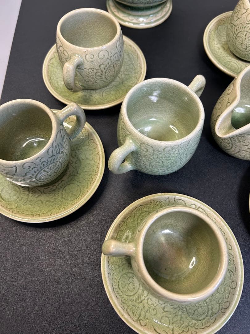未使用保管品青磁タイセラドン焼きセット　旧家蔵出し、掘出し物、お茶、コーヒー