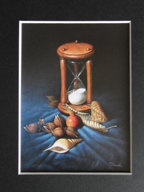 前田俊幸、【砂時計と木の実】、希少な額装用画集画、新品高級額 額装付