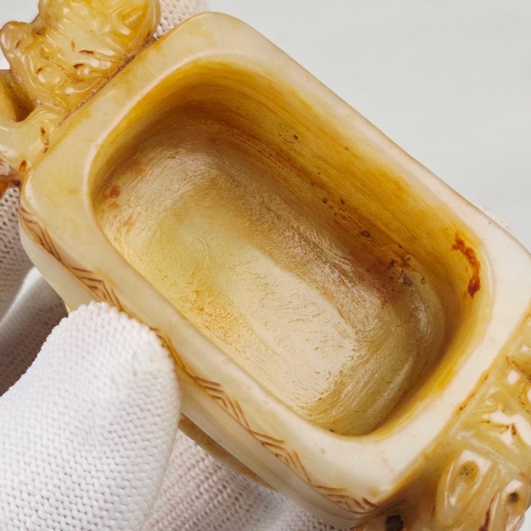 古美術 本物和田白玉 土黄沁 手彫 清代薄胎 双龍紋柄 筆洗 水丞 水盂 筆添