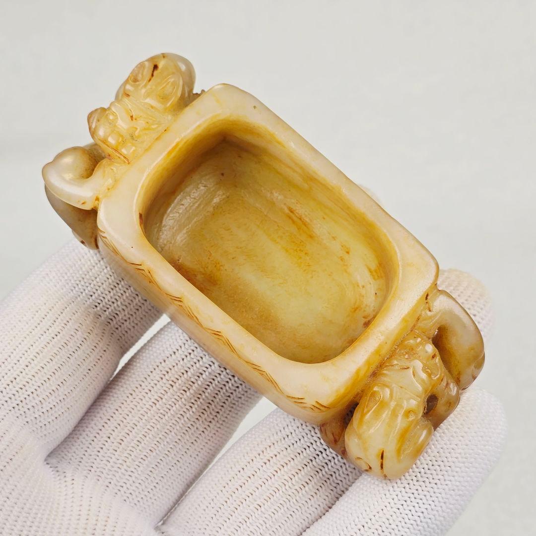 古美術 本物和田白玉 土黄沁 手彫 清代薄胎 双龍紋柄 筆洗 水丞 水盂 筆添