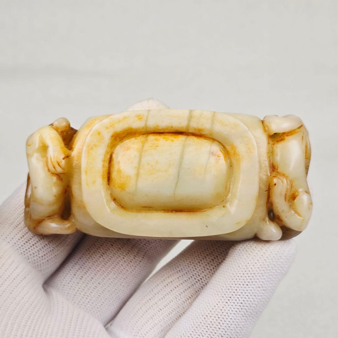 古美術 本物和田白玉 土黄沁 手彫 清代薄胎 双龍紋柄 筆洗 水丞 水盂 筆添