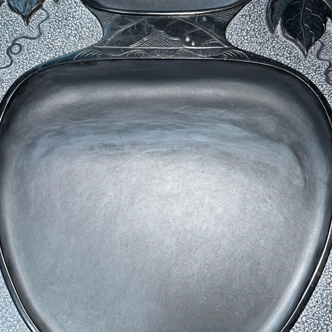 ⭕️雄勝硯　和峰　壺と葡萄彫刻の大型硯　美形美品　7Ｋg超　木製蓋と収容台付き