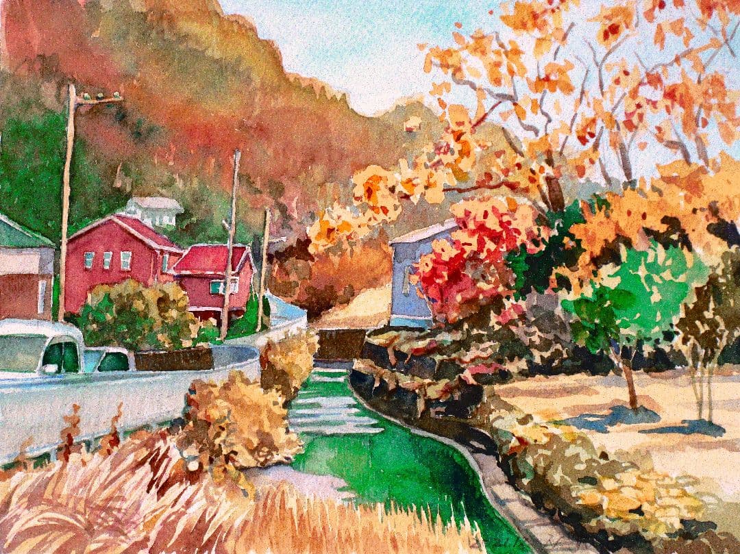 秋の風景 水彩画 フレーム付き F6サイズ