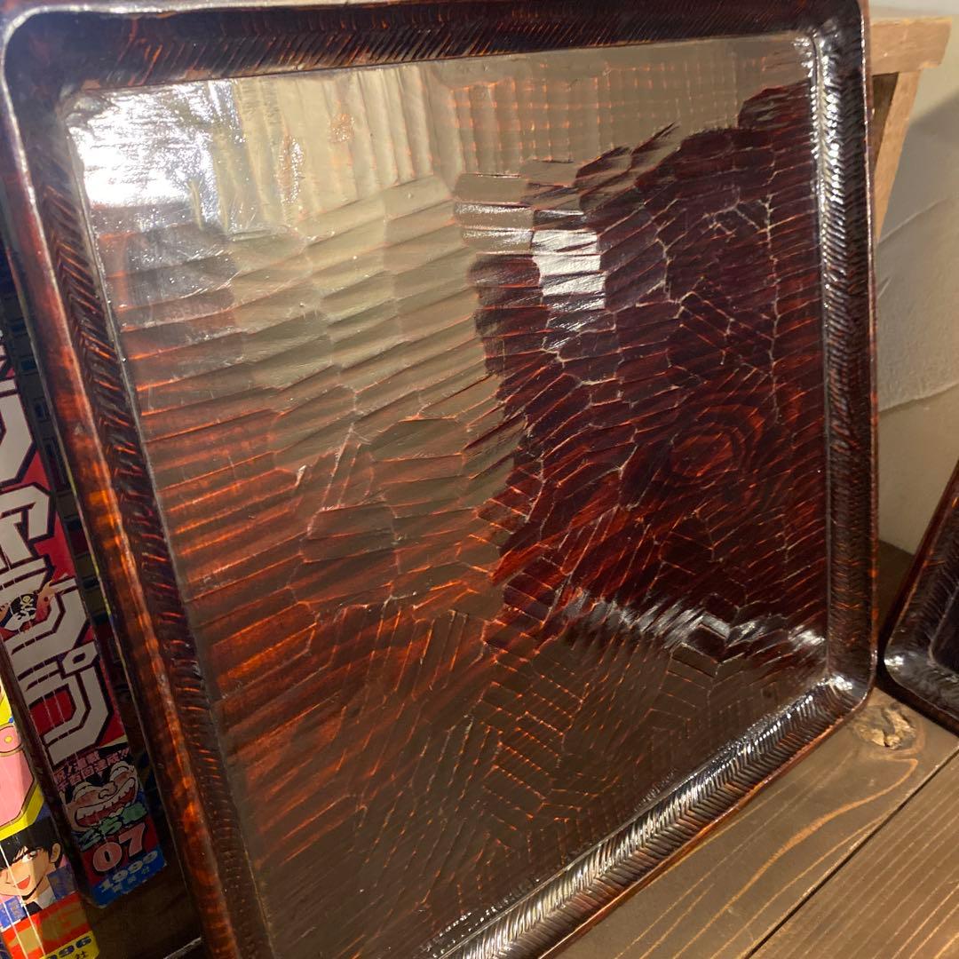 讃岐盆 木製彫刻模様入り正方形 お盆トレー　2つセット