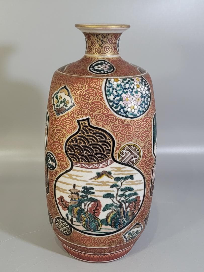 九谷 庄三造 金彩赤絵 花瓶 明治期 DT312