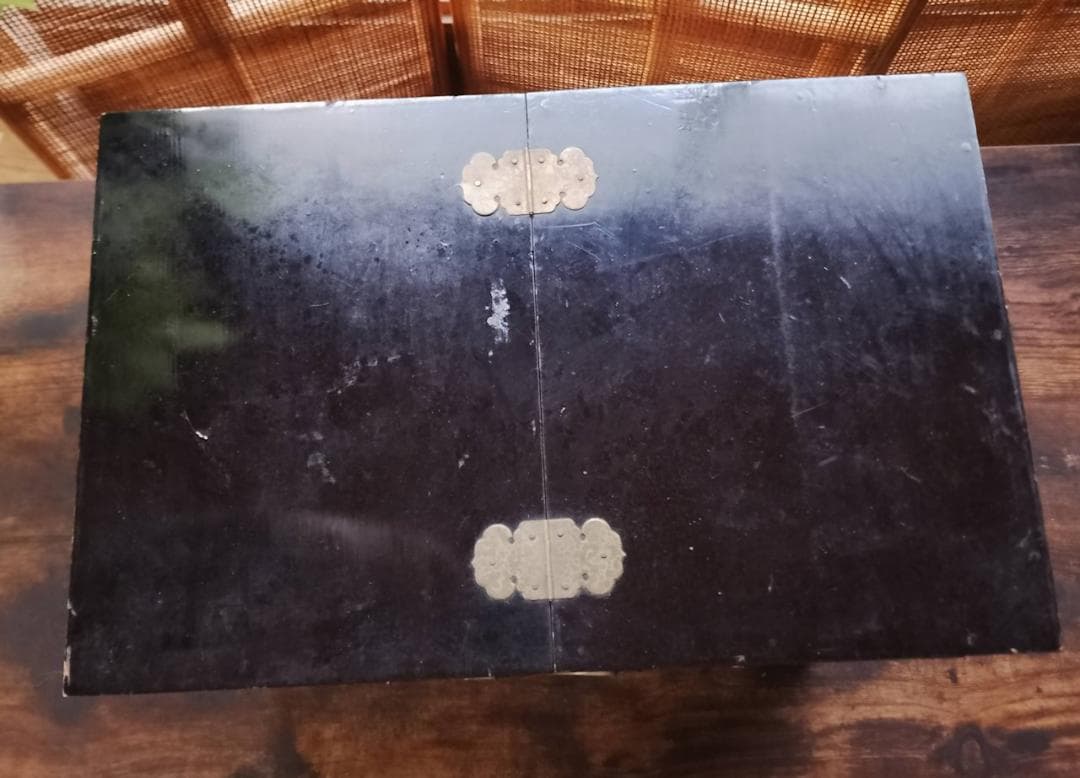 古道具 黒漆塗 鏡台 化粧箱 引き出し付き 真鍮金具 昭和レトロ 和家具