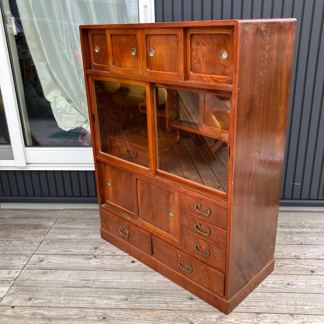 昭和レトロ 無垢材 茶棚 茶箪笥 ガラス戸 サイドボード 古家具 古民家 古道具