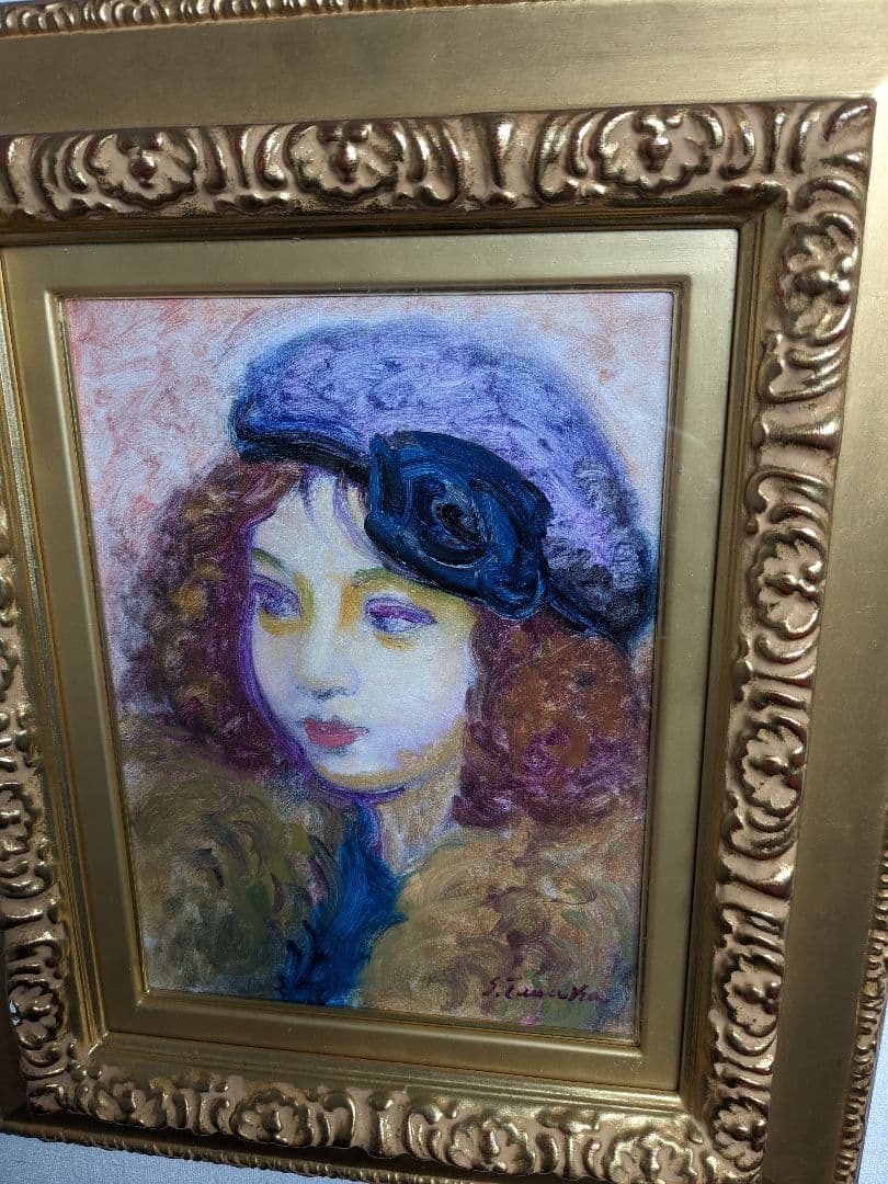 【真作】田中繁吉、『帽子の女』、油彩4号、1989年制作、サイン有、黄袋、差箱付