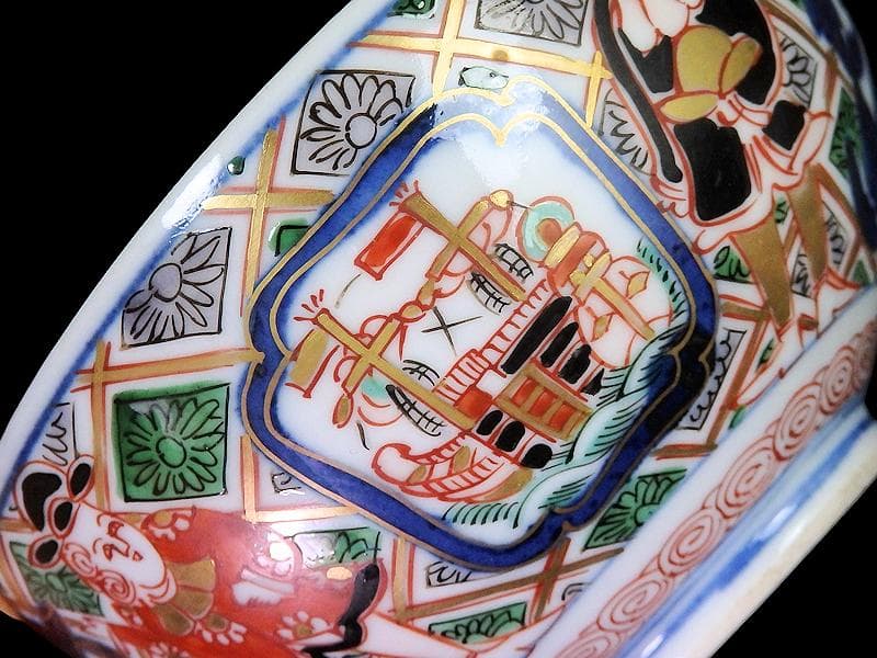 大聖寺伊万里　金襴手　五艘船に南蛮人の図　蓋茶碗　F318AS-CXy