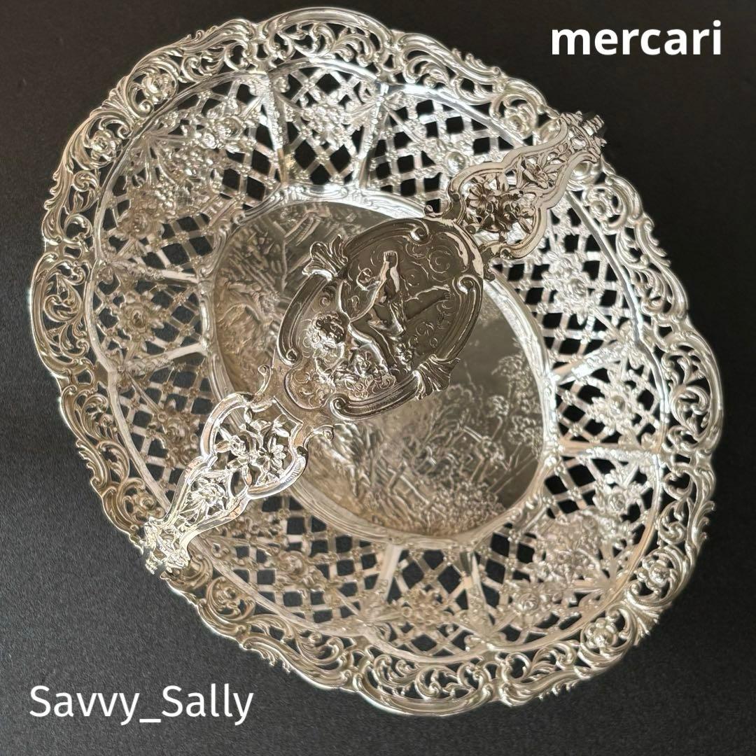 ドイツ製　アンティークシルバー　バスケット　ピアス細工　ロココ　リボン　天使