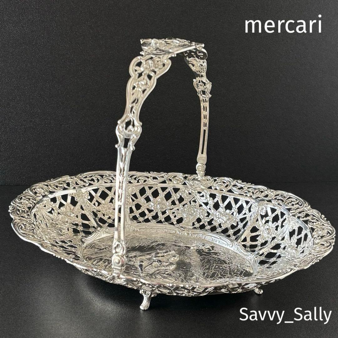 ドイツ製　アンティークシルバー　バスケット　ピアス細工　ロココ　リボン　天使