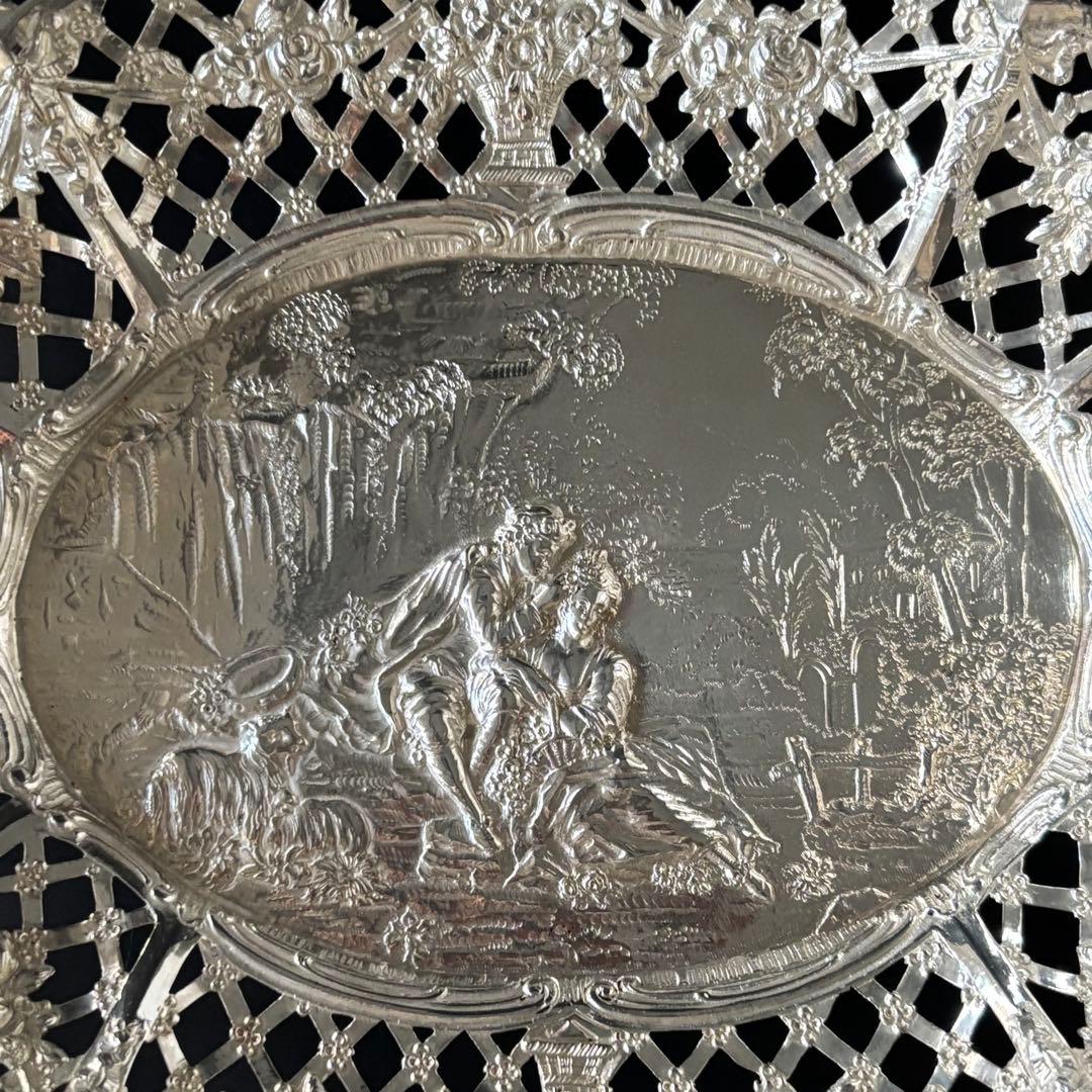 ドイツ製　アンティークシルバー　バスケット　ピアス細工　ロココ　リボン　天使