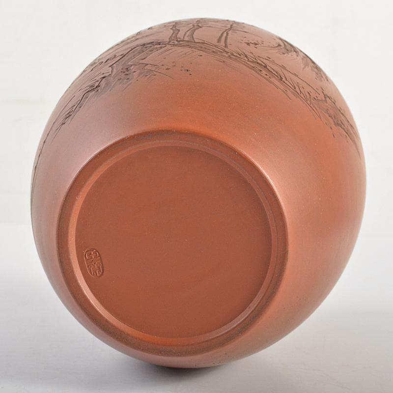 常滑焼　水川玉斎　朱泥　細字漢詩山水文　茶壷　茶心壷　時代箱付　D　R7354B