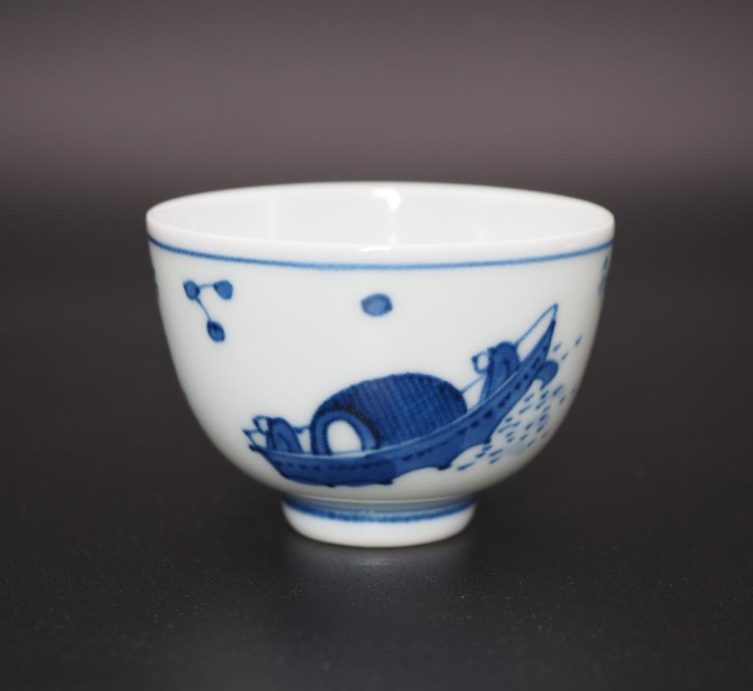 初代三浦竹泉 青華 漢詩 楓橋夜泊図 茶碗 6客 共箱/共布