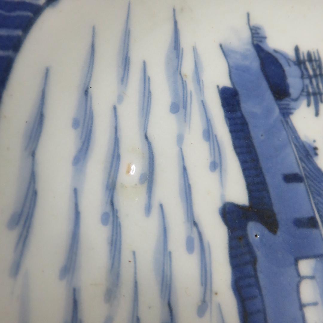 角皿 染付 8枚 山水 江戸 雲 民家 船 変形皿 合箱あり