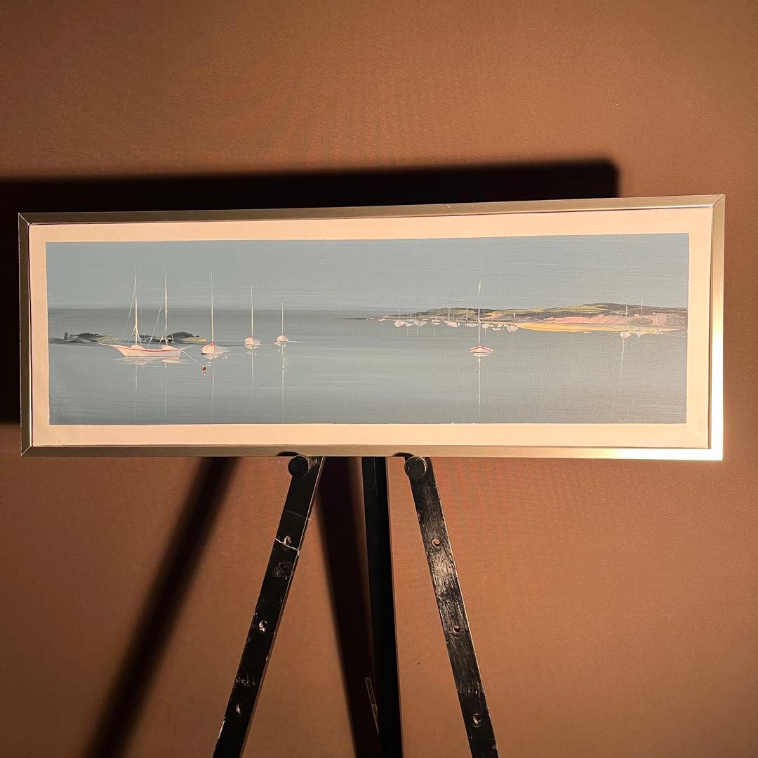 手書き油絵 ヨットハーバー 額付 絵画 インテリア 油彩画