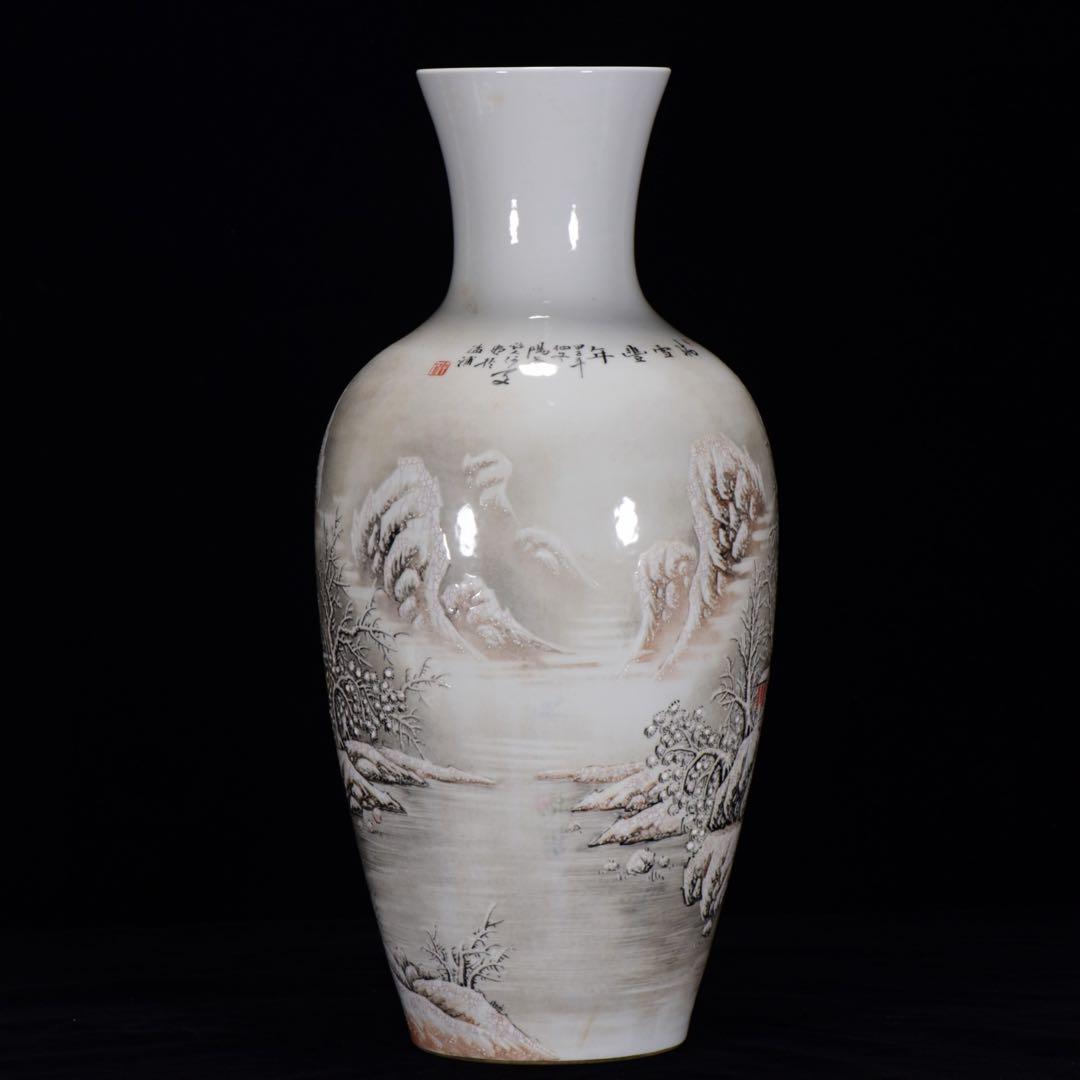 旧蔵逸品　中華民国時代 粉彩雪景図　手作り花瓶　飾り　古美術インテリア　陶器美品
