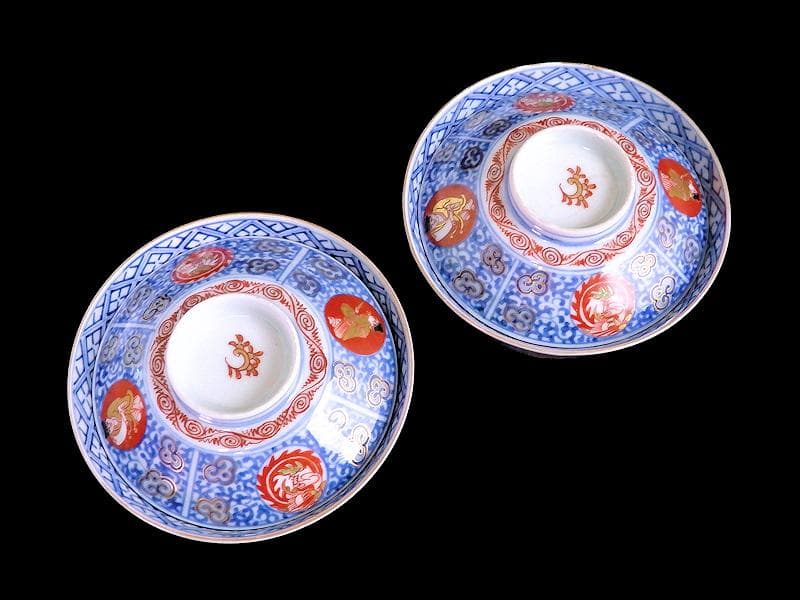 大聖寺伊万里　染錦　鳳凰に唐人　唐草の図　蓋茶碗　２客　A121AS-fbmj