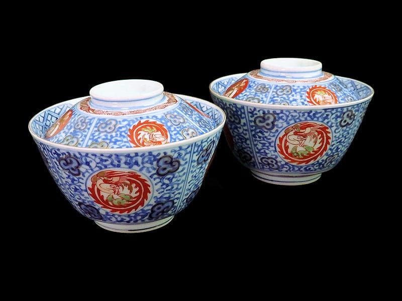 大聖寺伊万里　染錦　鳳凰に唐人　唐草の図　蓋茶碗　２客　A121AS-fbmj