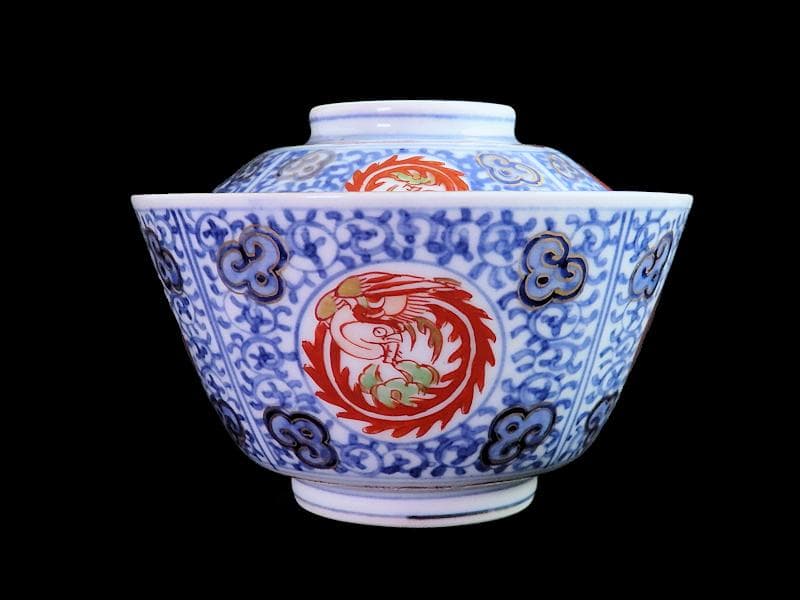 大聖寺伊万里　染錦　鳳凰に唐人　唐草の図　蓋茶碗　２客　A121AS-fbmj