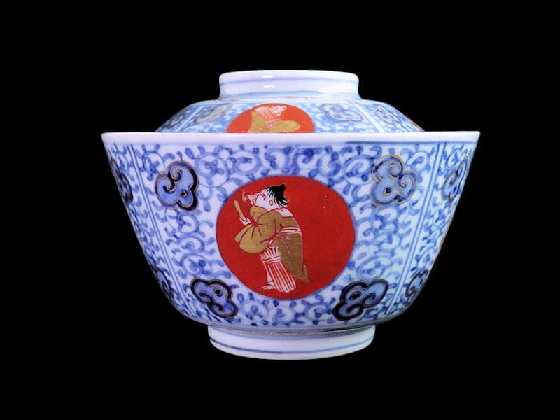 大聖寺伊万里　染錦　鳳凰に唐人　唐草の図　蓋茶碗　２客　A121AS-fbmj