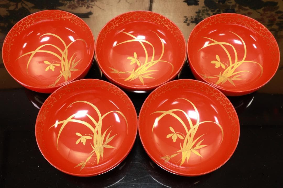 BJ120a　時代輪島塗　四君子図蒔絵　吸物椀　五客　木製　茶道具 懐石 菓子