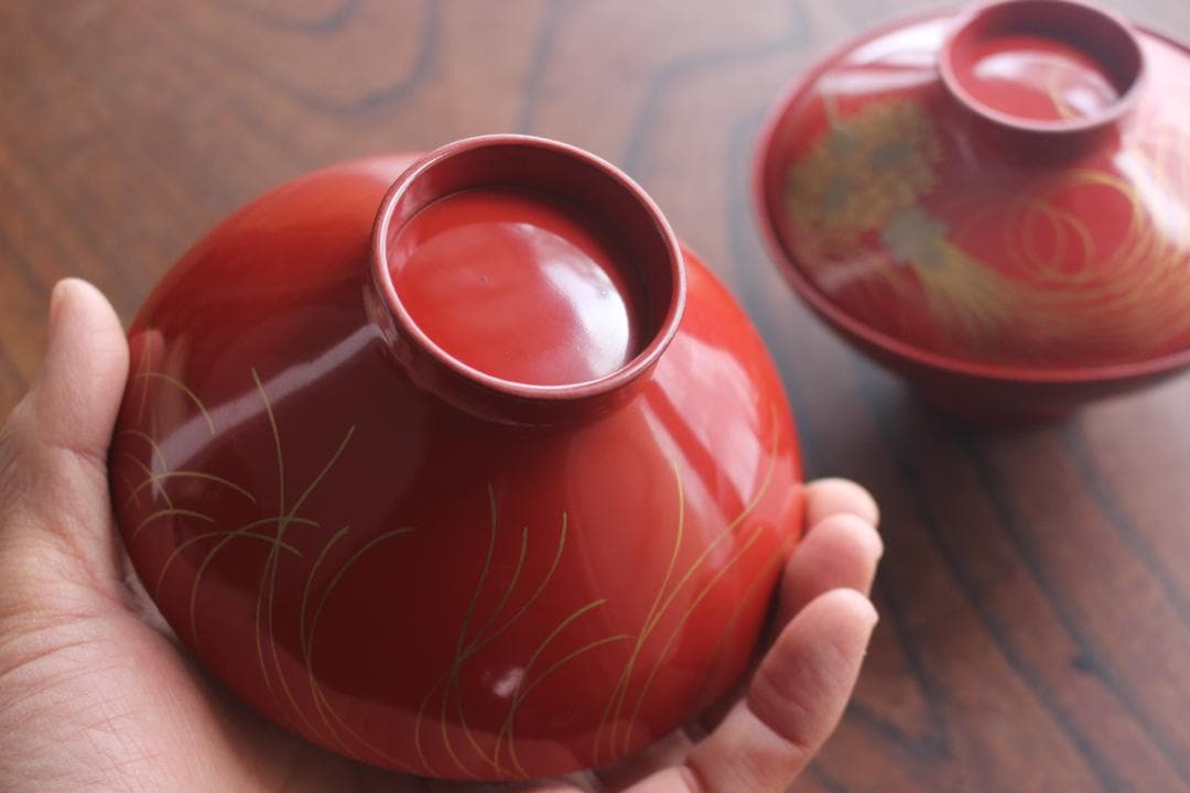 小傷有！時代朱漆に優美な薬玉蒔絵の映えるお椀2点（検輪島塗吸い物椀蒔絵椀