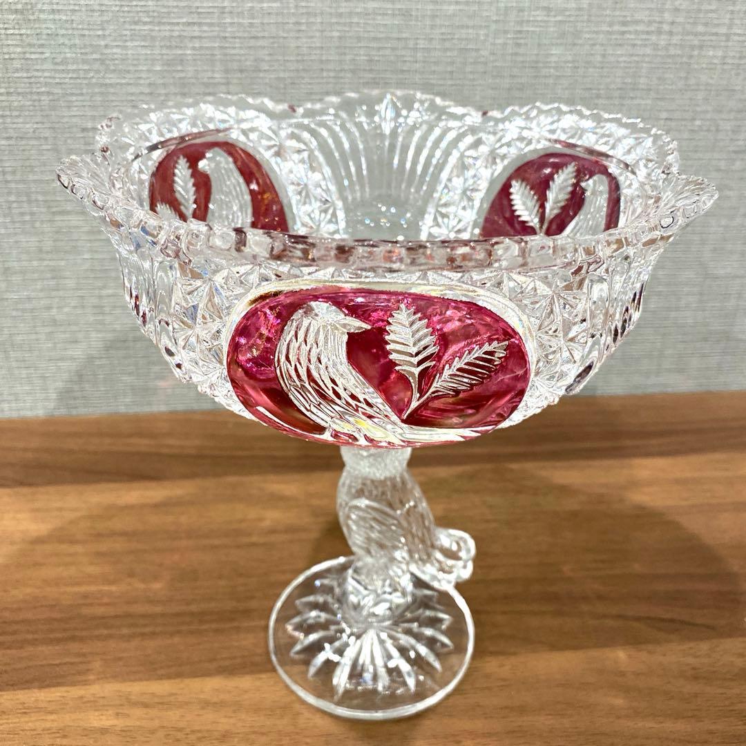 【HOFBAUER】 ホフバウワークリスタルガラス赤い装飾 鳥の彫刻　ドイツ製