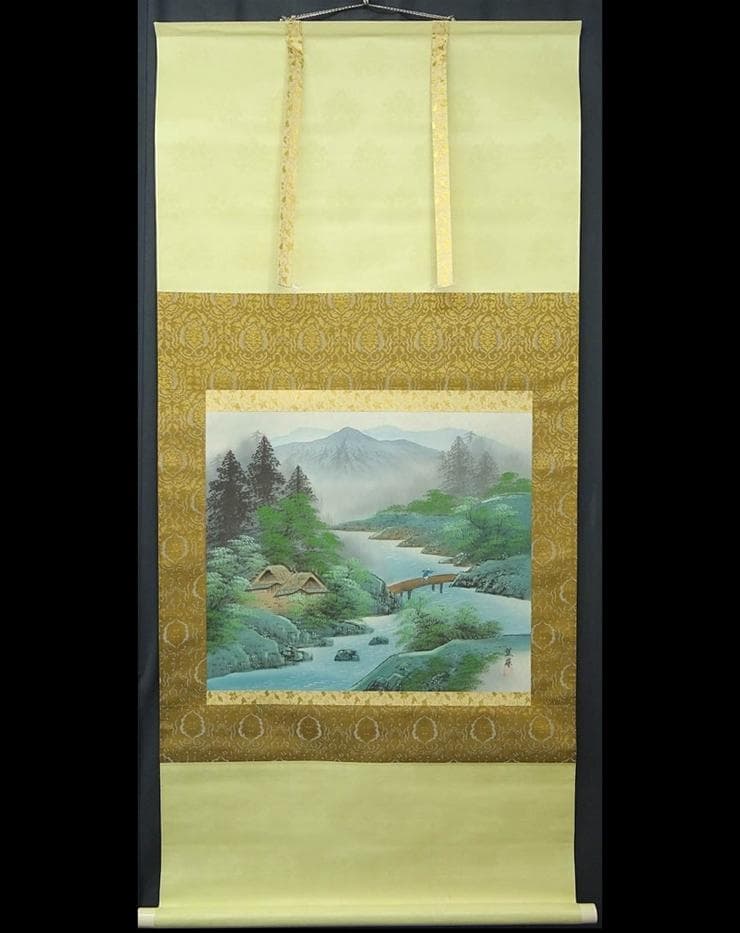 【真作】掛軸 小野蕉麗『山邨風趣』絹本 肉筆 共箱付 掛け軸 w032622