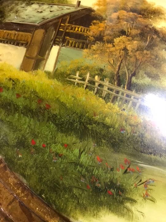 英国　手描き風景半球アンティーク　ドーム型壁掛け木製細密画