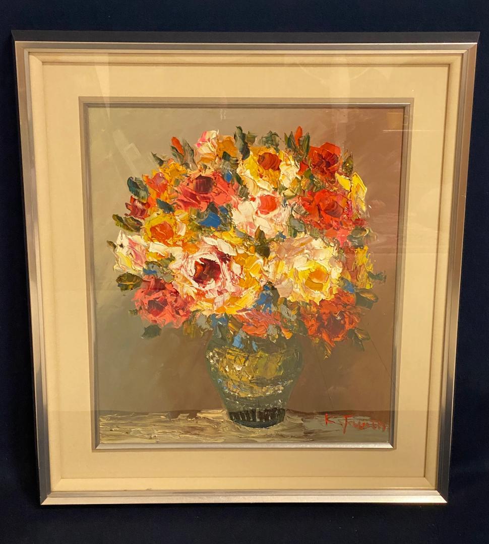 「真作」藤田邦明「バラ」静物画　油彩画　額装　サイン有り　F10号