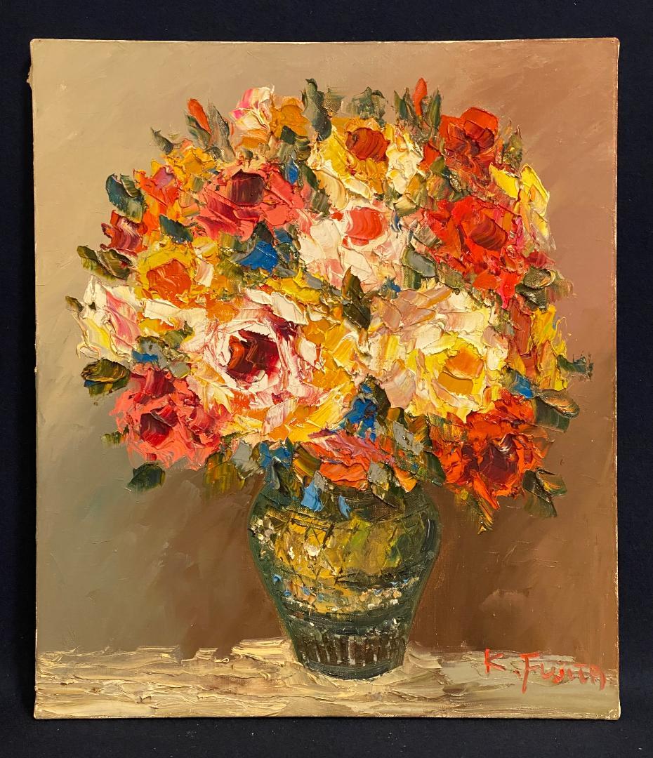 「真作」藤田邦明「バラ」静物画　油彩画　額装　サイン有り　F10号