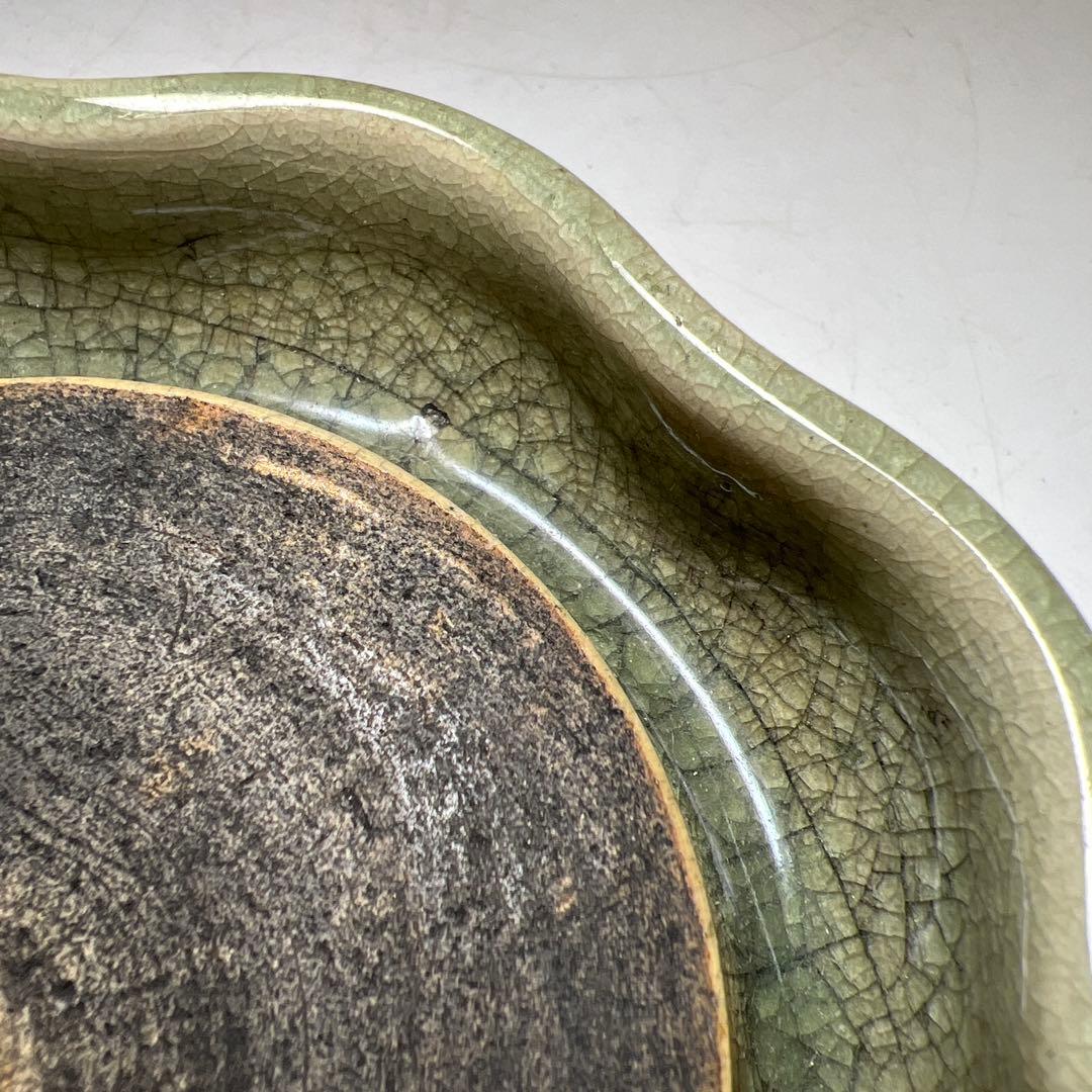 中国明時代　竜泉窯七官青磁硯石　木箱付　幅約12.3g 東Y8-0205☆2F