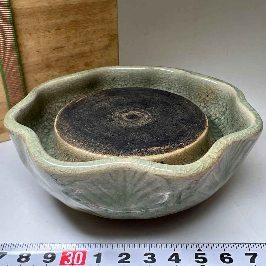 中国明時代　竜泉窯七官青磁硯石　木箱付　幅約12.3g 東Y8-0205☆2F