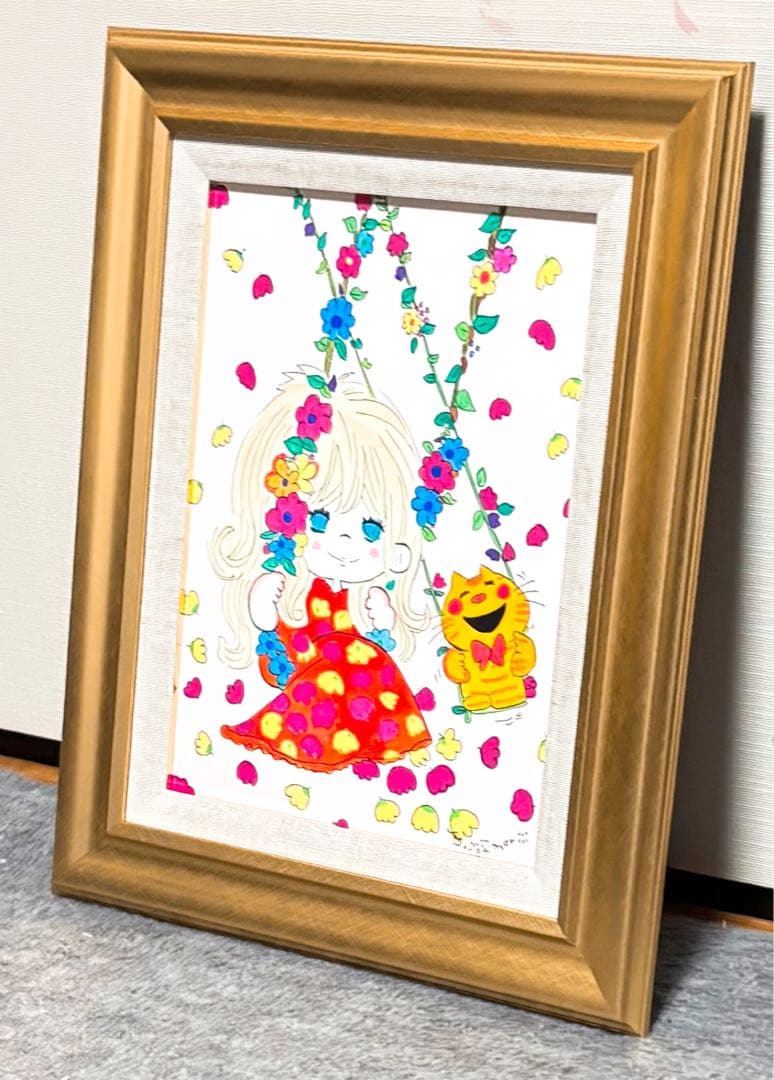 【F4号】手描き油彩画　水森亜土　額縁　未使用額　サイン　絵画　女の子　猫　人気