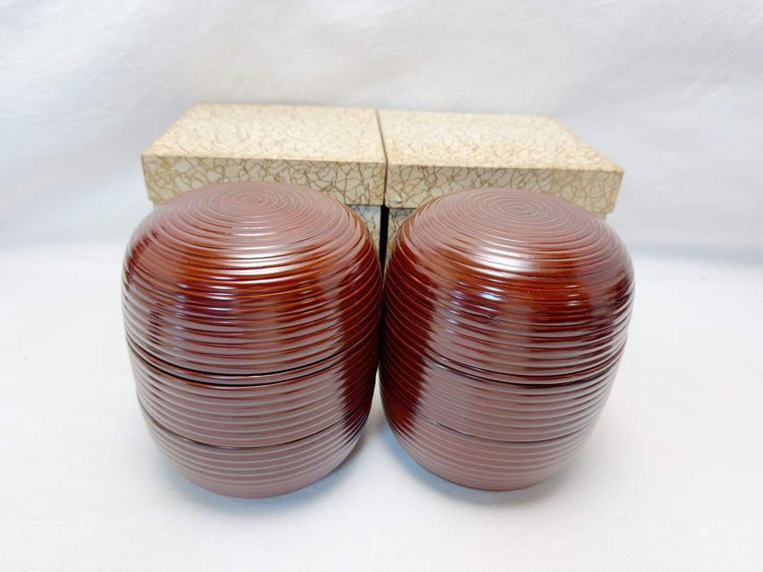 未使用 茶道具 木製溜塗 信玄三段弁当 2客 千筋 内朱 紙箱