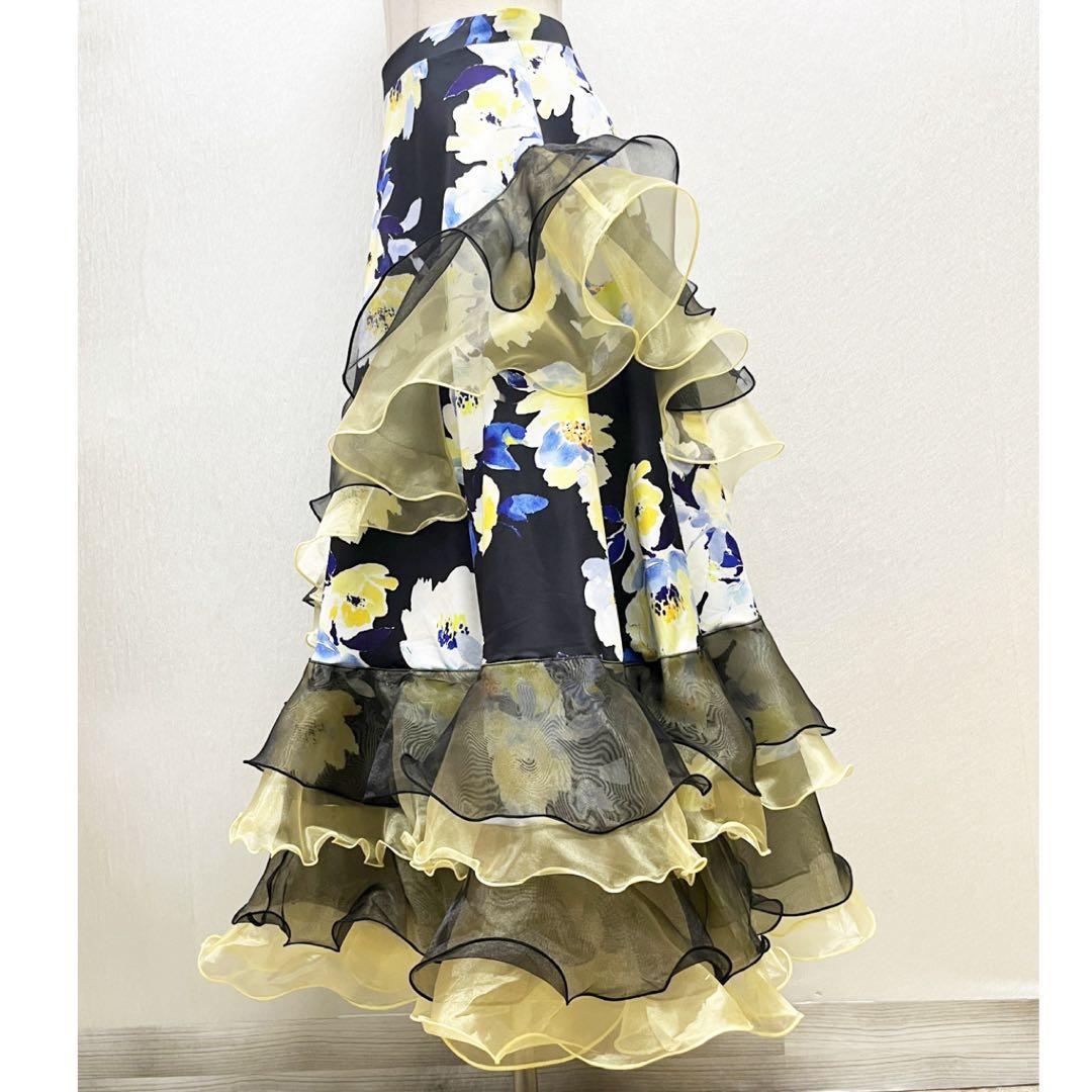 新品 セットアップ 黒に黄色花柄 スタンダード モダン 衣装 パーティ 発表会