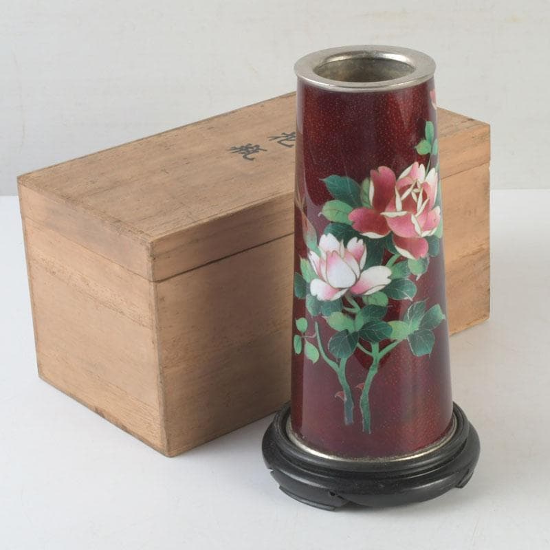 七宝焼　赤透釉　花文　花瓶　唐木台付　共箱　V　9731