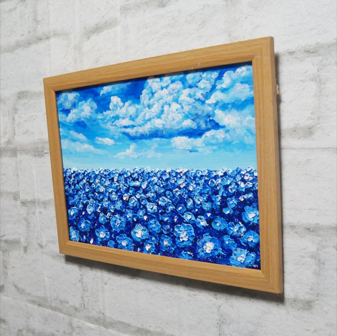 油絵 油彩 油彩画 絵 絵画【青空と雲のネモフィラ】