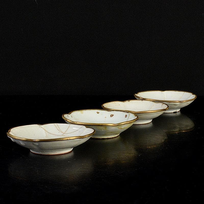 中国　徳化窯　白磁　銅覆輪　輪花皿　四客　V　R7320