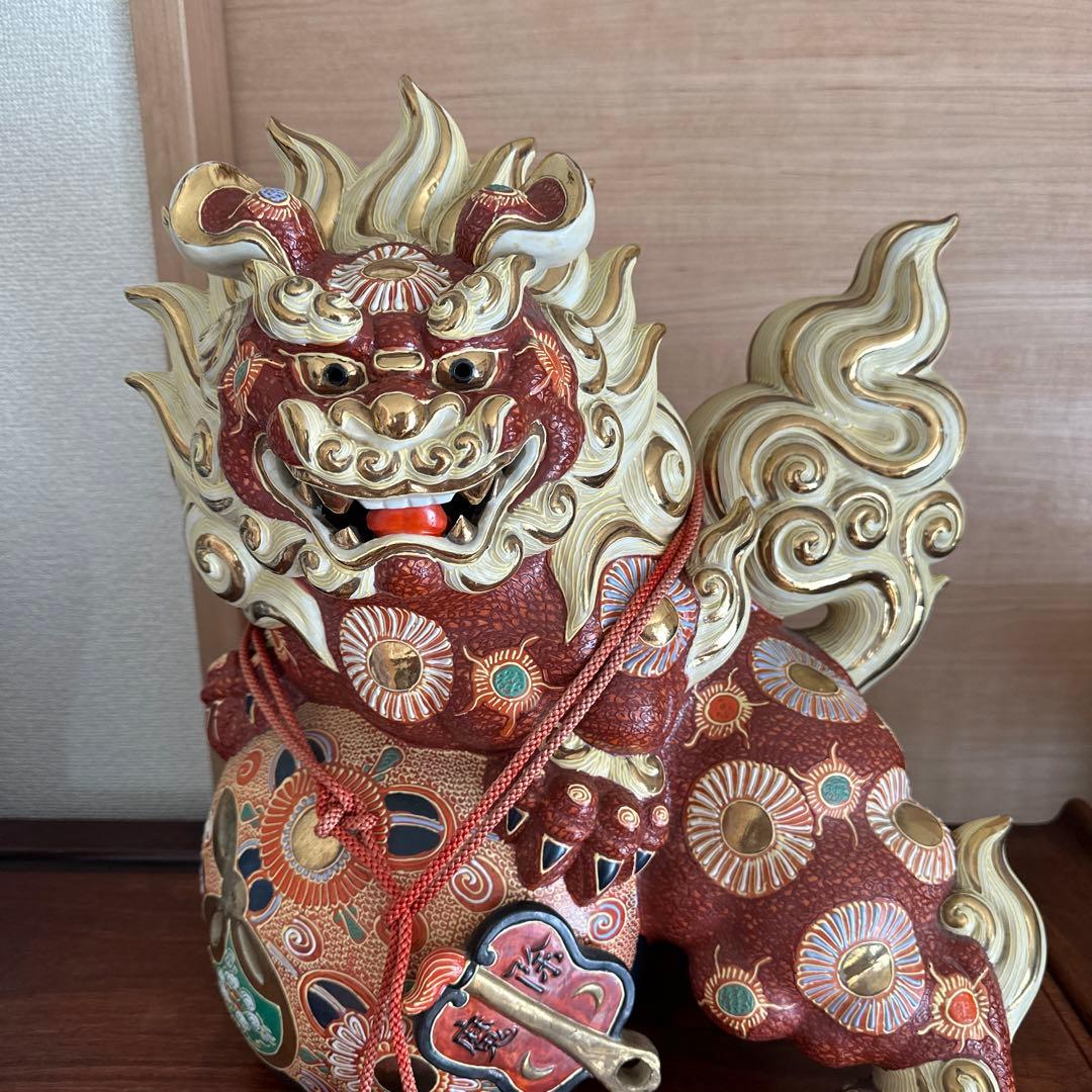 希少　九谷焼　金彩盛絵玉乗り獅子　風水　開運　特大陶器　置物　日本陶芸伝統品