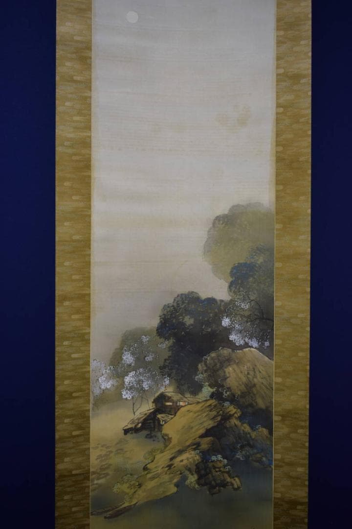 真作/林文塘/春夕/山水桜花図/桐共箱付/布袋屋掛軸HH-915