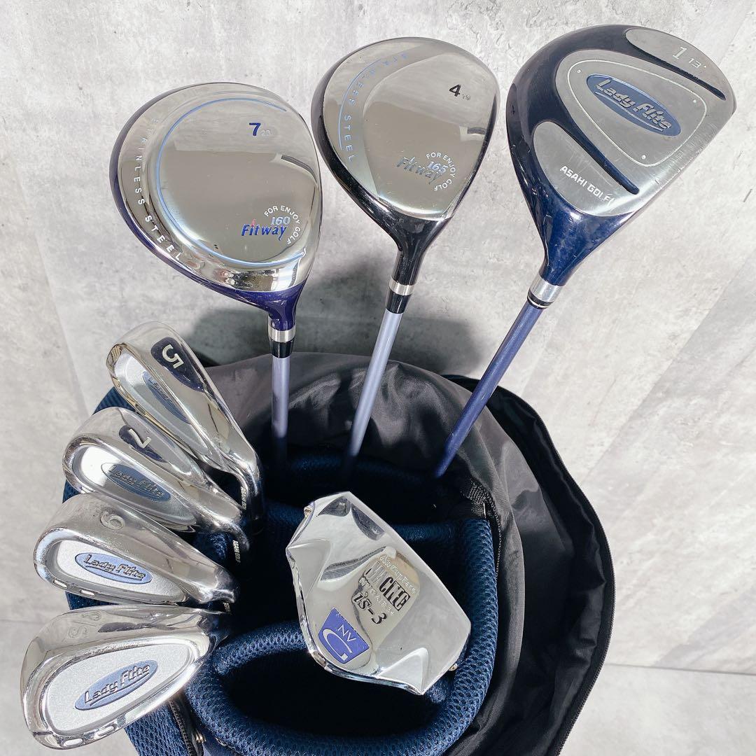 V832 朝日ゴルフ 他 ゴルフクラブ レディース セット 青 キャディバッグ