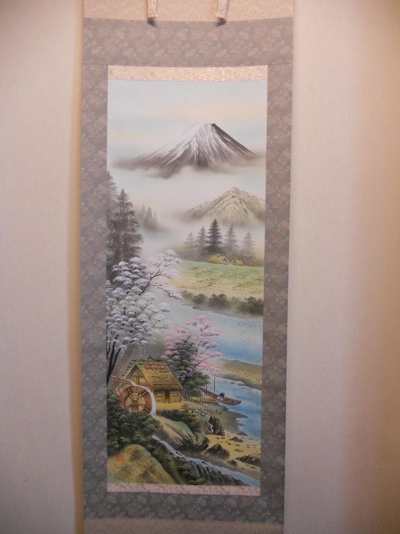 掛け軸 森契雪 富岳渓桜 絹本 希少 軸装 茶道具 掛軸 美品 です。