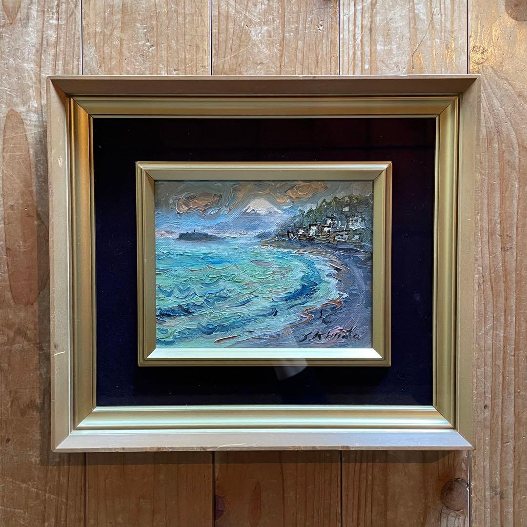 木俣滋彦「江ノ島・富士」油彩画　風景　鎌倉　額付　本人サイン入　25.11.28